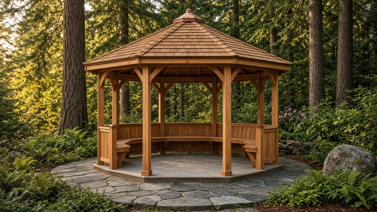 Design concept: Cedar gazebo with built-in bench seating
