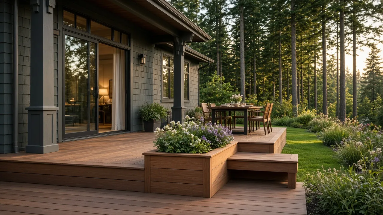 Design concept: Composite deck with built-in planters and steps to the lawn