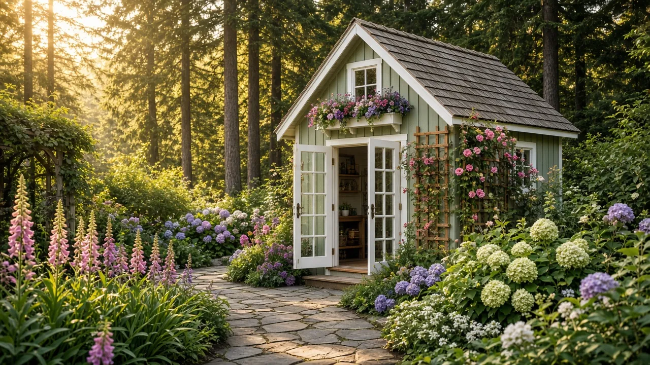 Design concept: Cottage garden shed among flowering borders