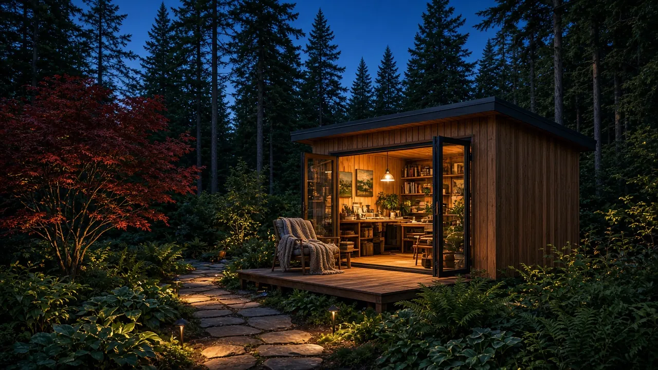 Design concept: Glass-fronted garden studio glowing at dusk
