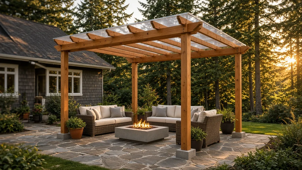 Design concept: Four-post cedar pergola gathered around a fire table