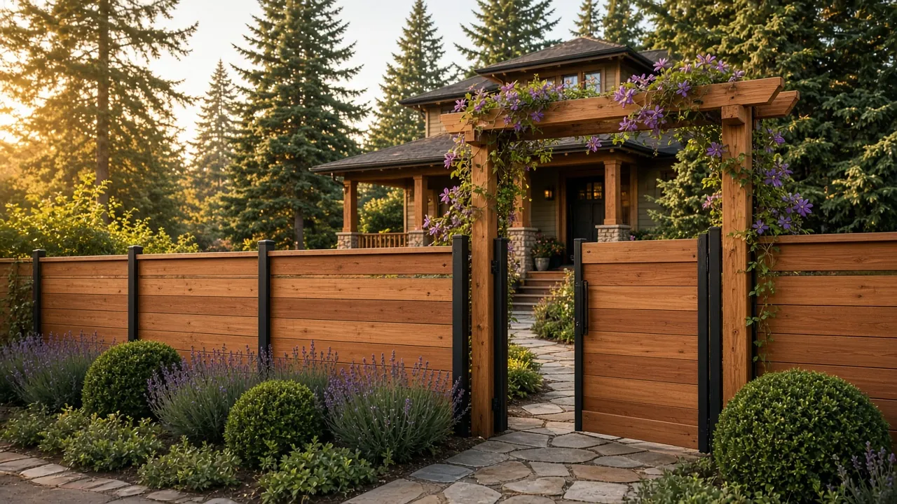 Design concept: Front garden fence with a flowering arbor gate