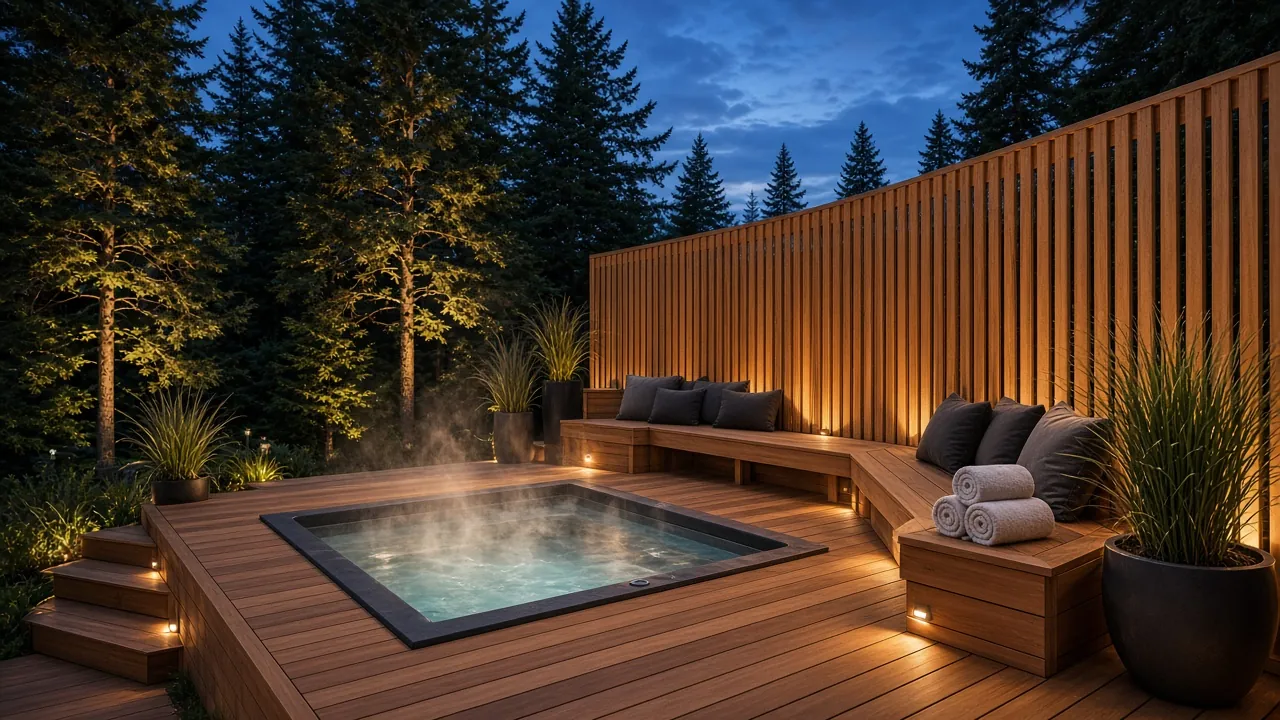 Design concept: Cedar hot tub deck with built-in lounge seating