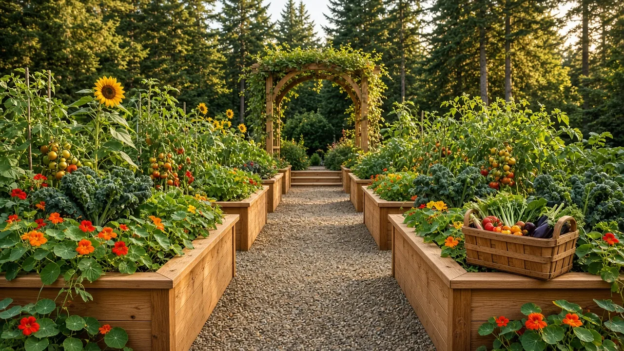 Design concept: Kitchen garden of raised cedar planters along a gravel path