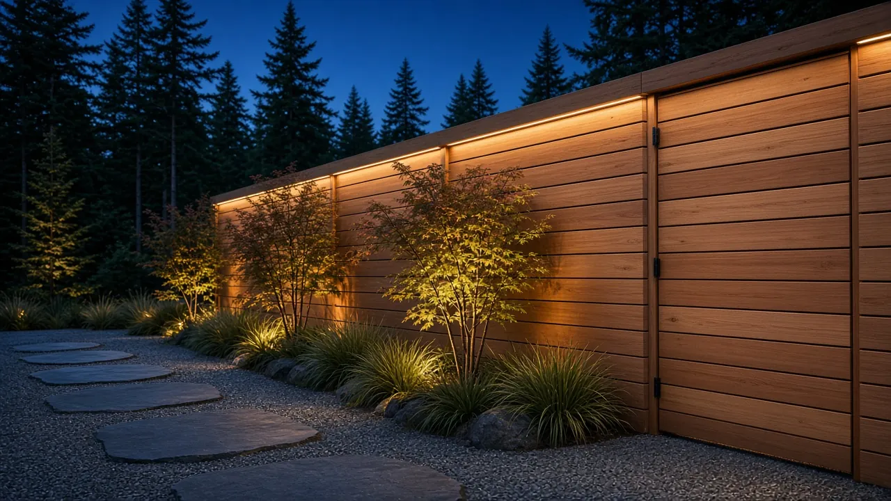 Design concept: Cedar privacy fence washed in warm light at dusk