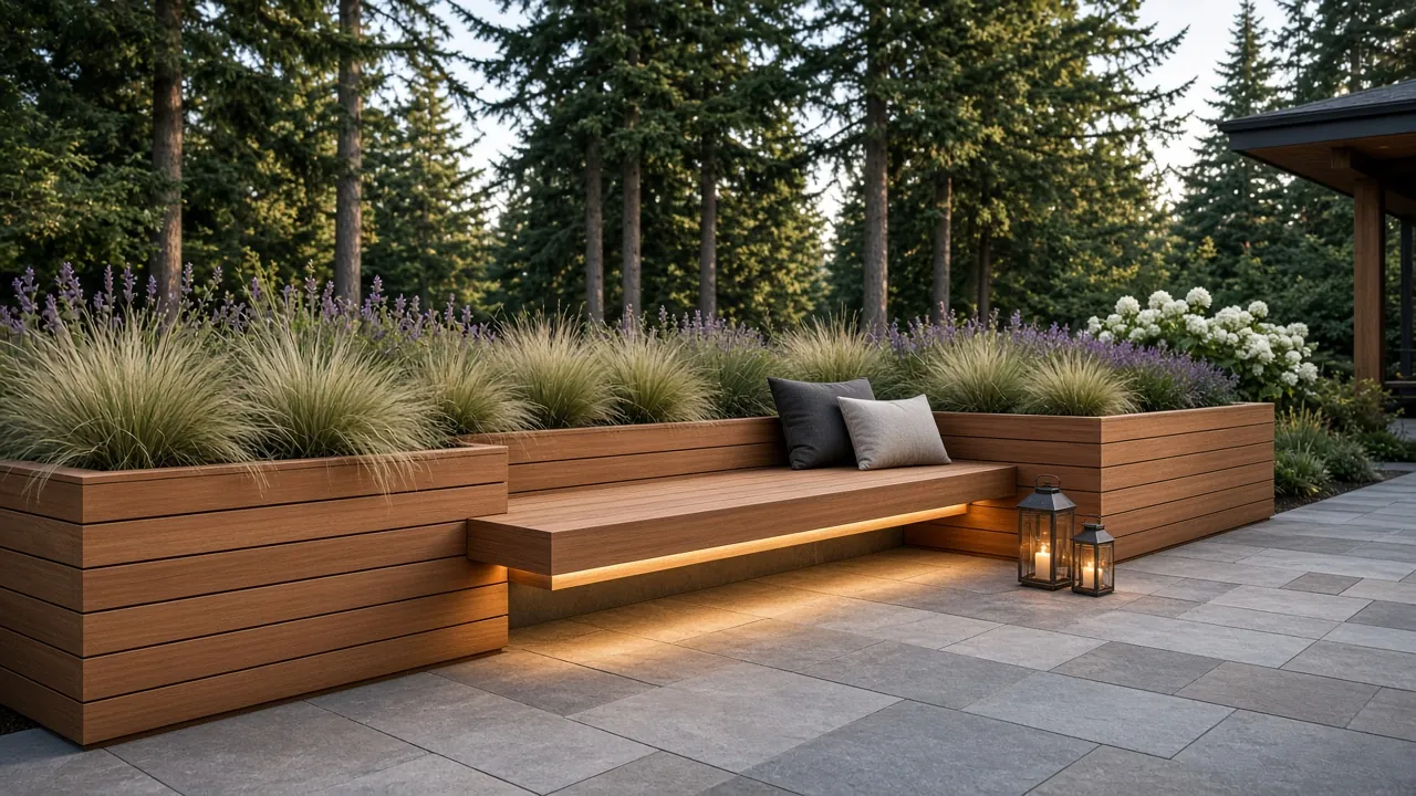 Design concept: Built-in cedar planters with a floating bench