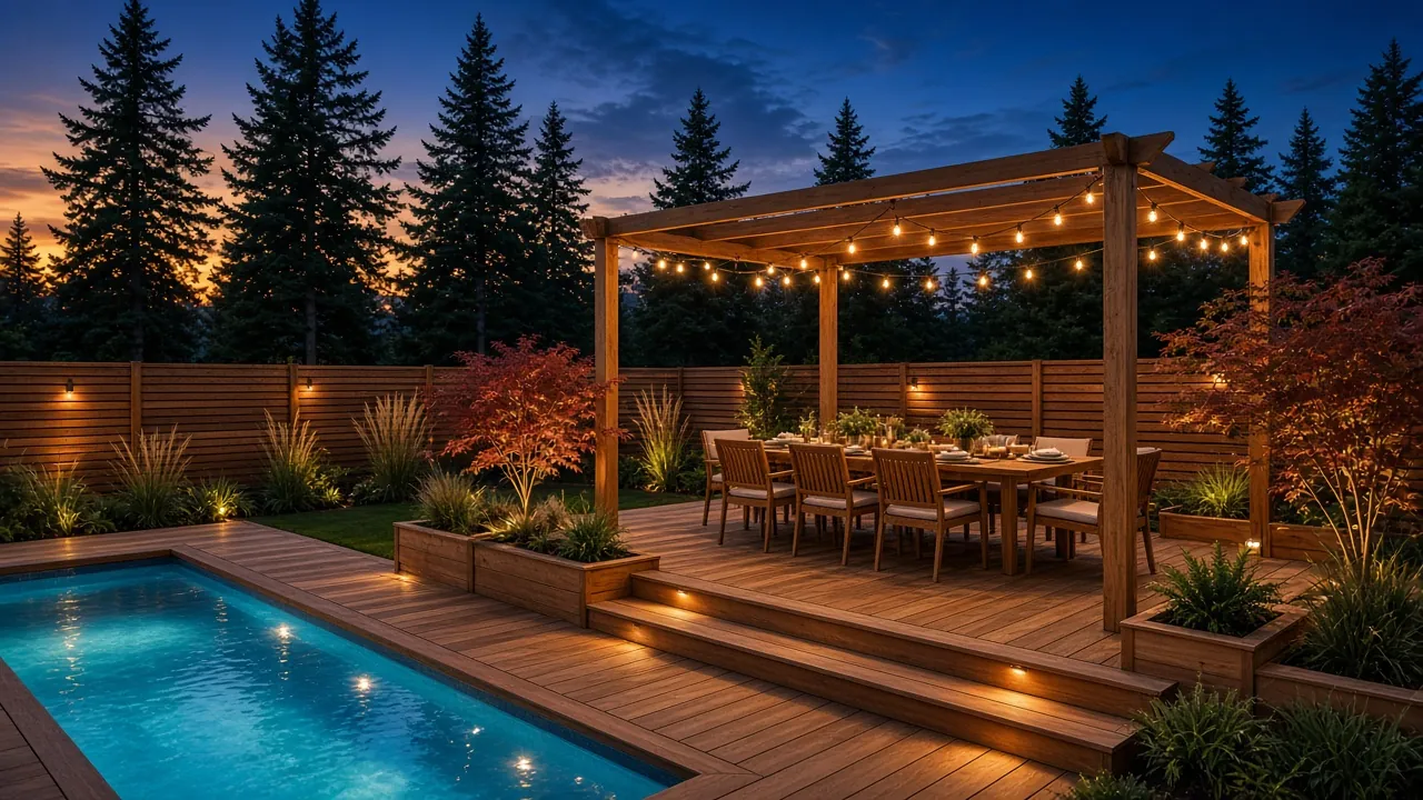 Design concept: Pool deck and pergola dining deck at dusk