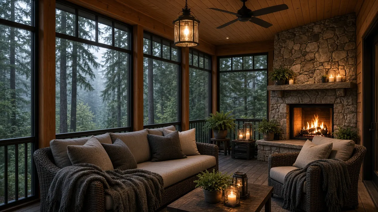 Design concept: Screened porch with a stone fireplace and forest views