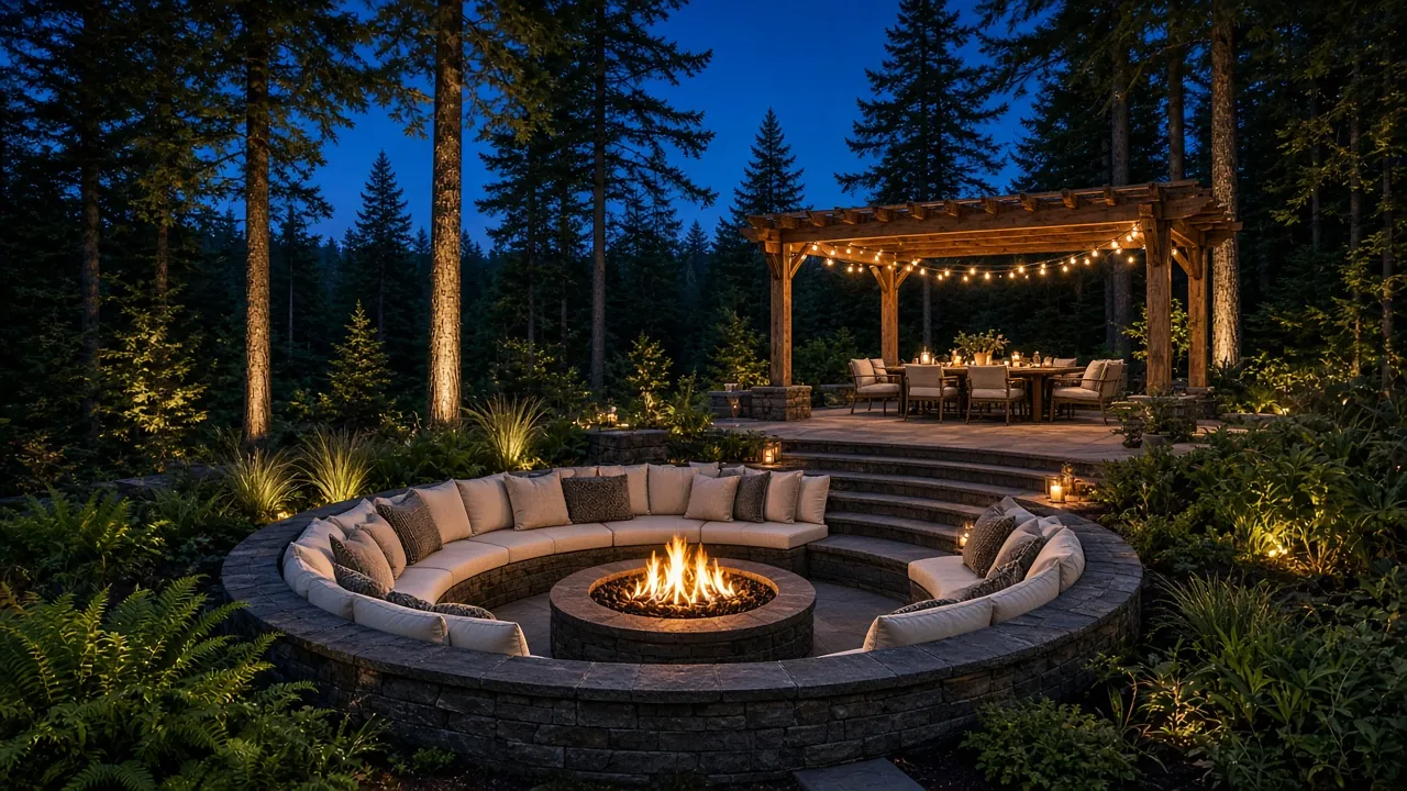 Design concept: Sunken fire pit lounge beneath the firs