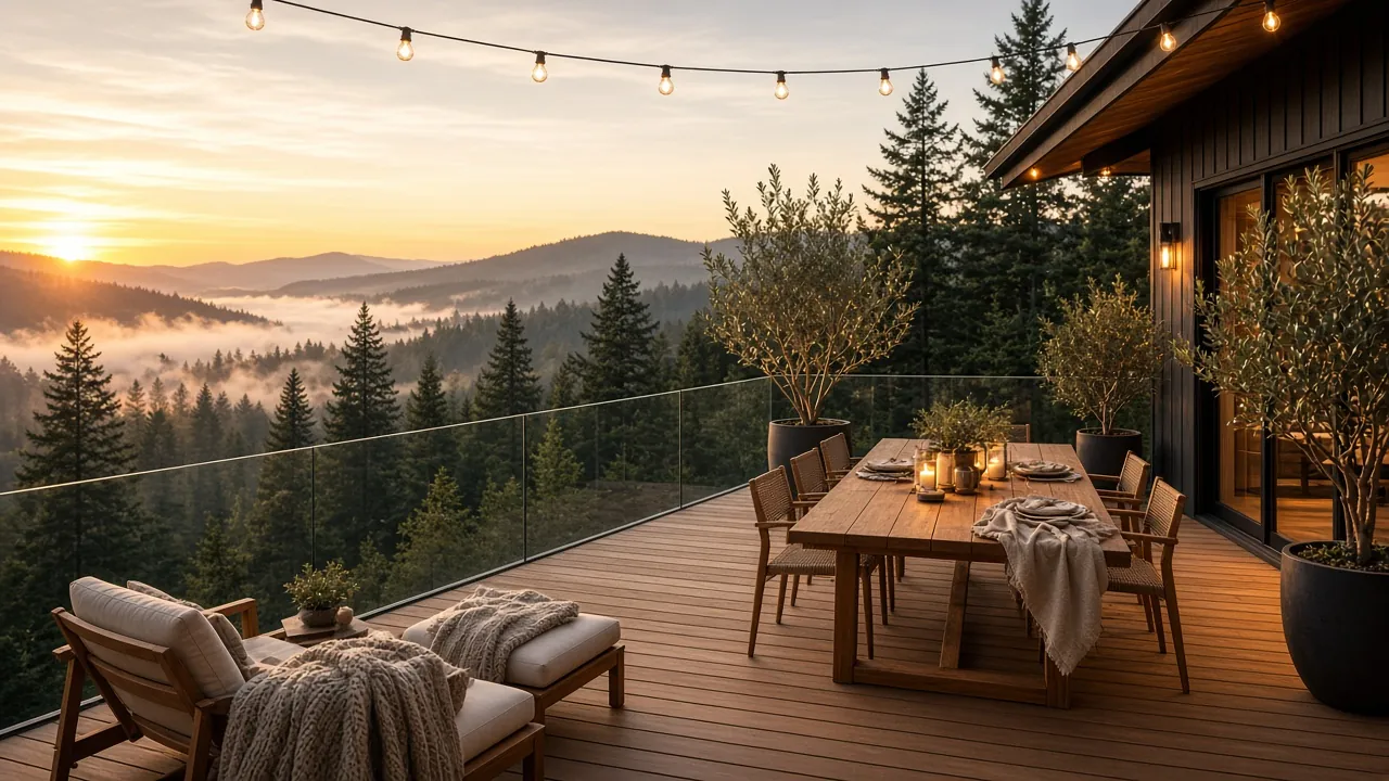 Design concept: Sunset dining deck with frameless glass railing