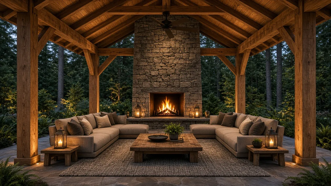 Design concept: Timber pavilion with a stone fireplace