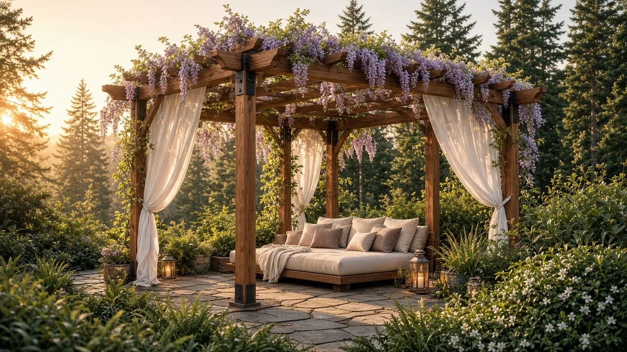 Design concept: Wisteria-draped pergola over a garden daybed